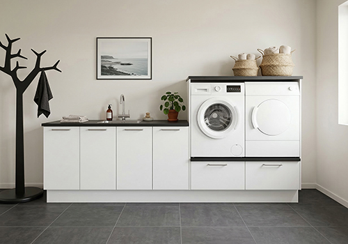 Multi-Living Bryggers sæt med Malet Hvid Front | Underskab m. skuffe, Vaskeskab, Gavle, Sokkelsæt - Bryggers sæt 1