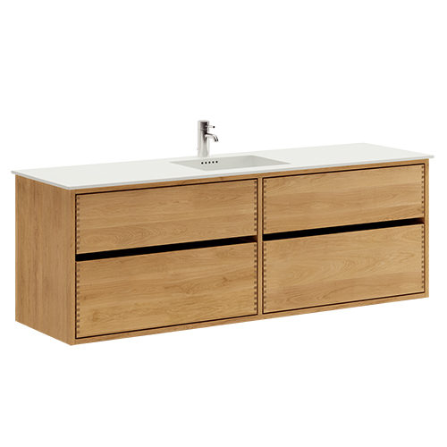 160 cm Just Wood Original badrumsmöbel med 4 lådor och Solid Surface bordsskiva - Dubbelt handfat