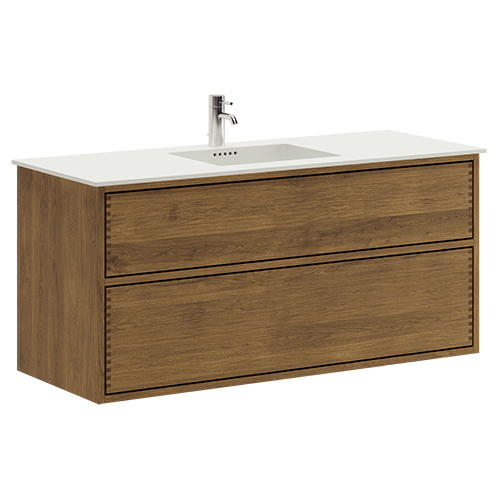 120 cm Mörkoljad Just Wood Push badrumsmöbel med 2 lådor och Solid Surface bordsskiva