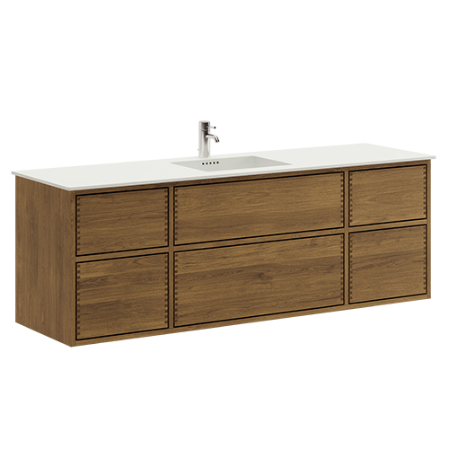 160 cm Mörkoljad Just Wood Push badrumsmöbel med 6 lådor och Solid Surface bordsskiva