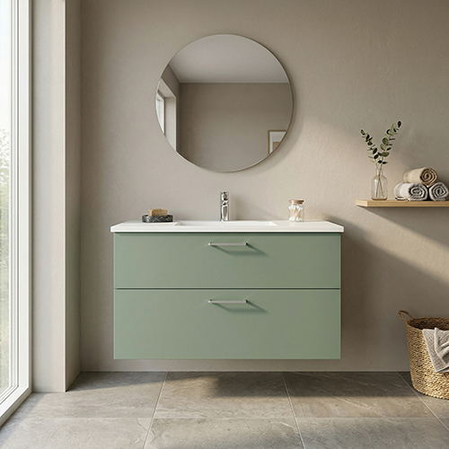 Badrumsset B: 102 cm handfat i vit marmor<br> Välj mellan flera fronter