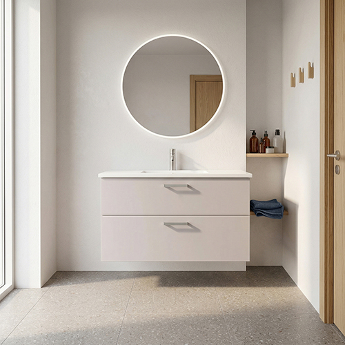 Badrumsset B: 102 cm handfat i vit marmor<br> Välj mellan flera fronter