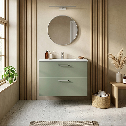 Badset B: 82 cm med handfat i vit marmor<br> Välj mellan flera fronter