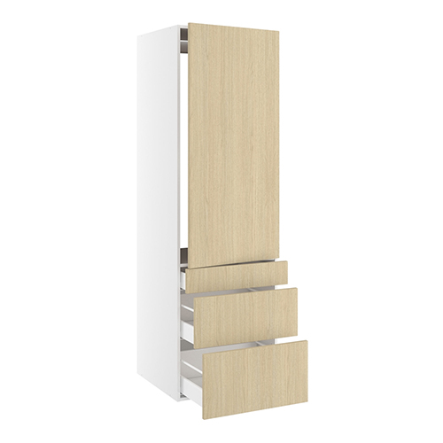 Højskab, t/integreret køl med fladhængsler, 1244mm låge, u/hængselsboring, 3 skuffer H:124/252/316mm, hul: 1224mm. H:1952 B:600 D:580