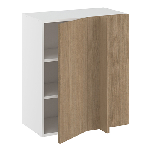 Hjørneindstiksoverskab, 296mm låge, blændplade 340mm, 2 hylder (min. 640mm fra væg). H:704 B:600 D:320