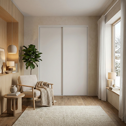 Mogensen Kompakta skjutdörrar på mått till garderob med 2 dörrar - Total bredd 100 till 130 cm.