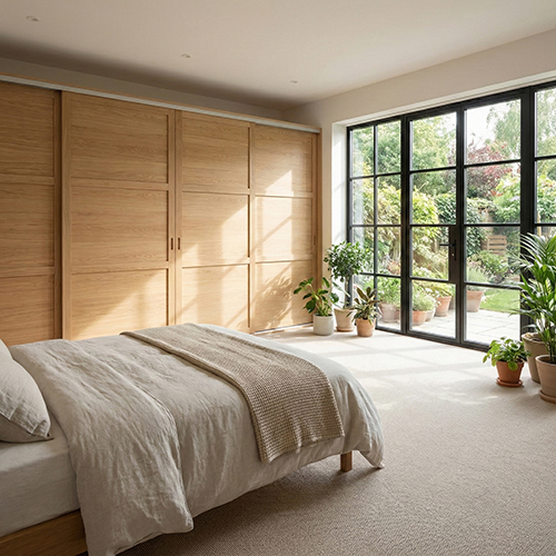 Mogensen Contoura skjutdörrar i massiv ek att på mått till för garderob med 4 dörrar - Total bredd 200 till 255 cm.